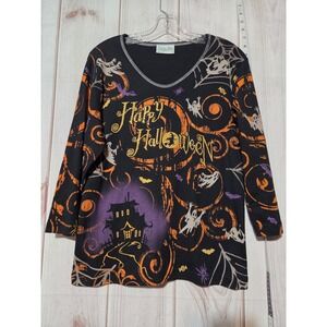 Cactus Bay Womens Black Happy Halloween Haunted House Ghost Spiderweb‎ Top L